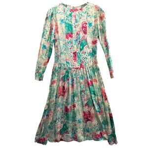 The Silk Farm Vintage 100% Silk Blue Pink Pleated Long Sleeve Dress Women 12